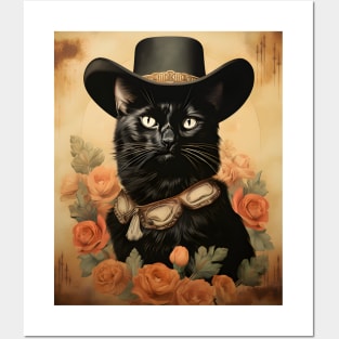 Retro Vintage Cowboy Black Cat - Whiskered Wild West Adventure Posters and Art